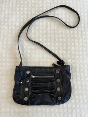 B Markowsky Soft Black Leather Studded Crossbody Bag Purse Animal Print Interior